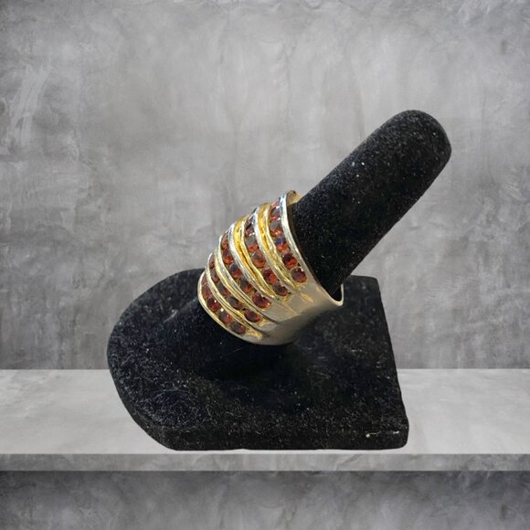 Gold Toned Ruby Ring, Alternating Bands of Metal with Rows of "Rubies" (Faux) - Picture 3 of 5